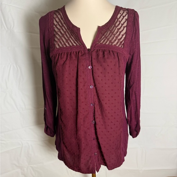 Meadow Rue Anthropologie Red Blouse with Mandarin Collar and 3/4 Sleeves - Picture 1 of 7